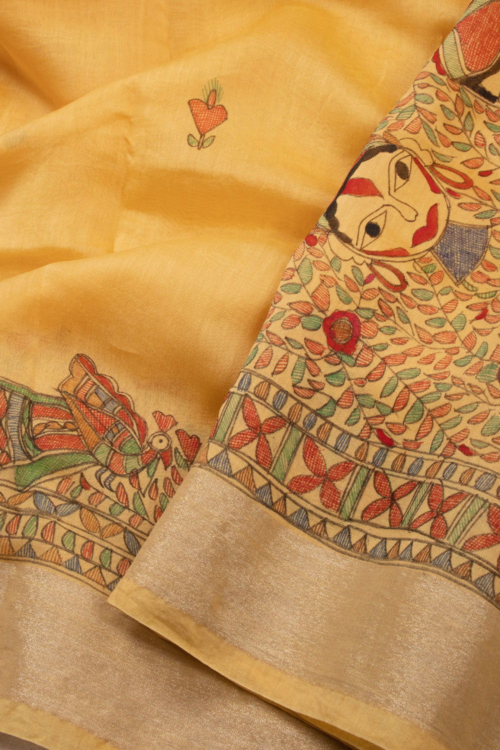 Yellow Hand Painted Madhubani Silk Cotton Saree 10072731