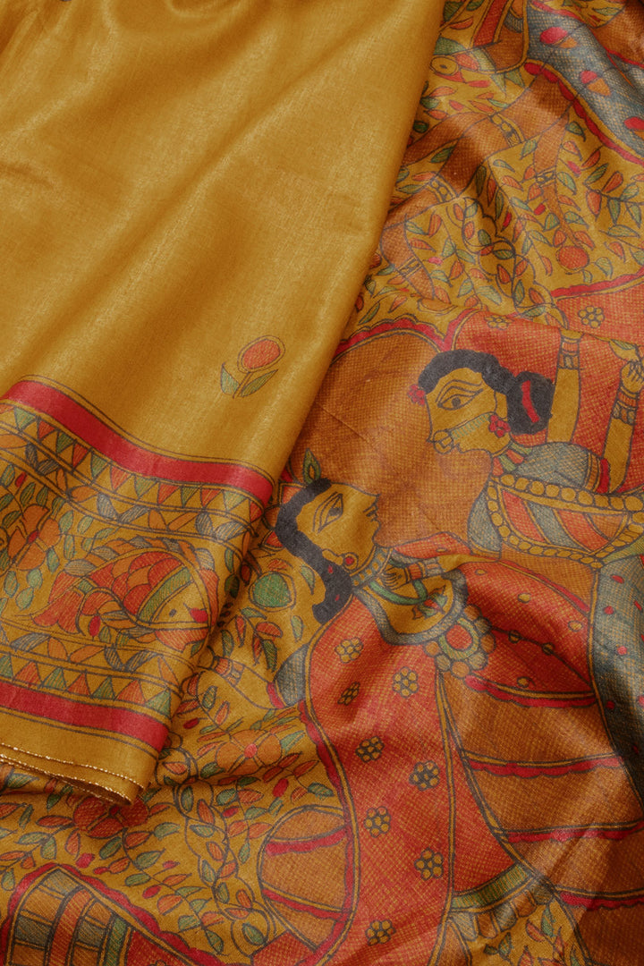 Yellow Hand Painted Madhubani Tussar Silk Saree 10072733