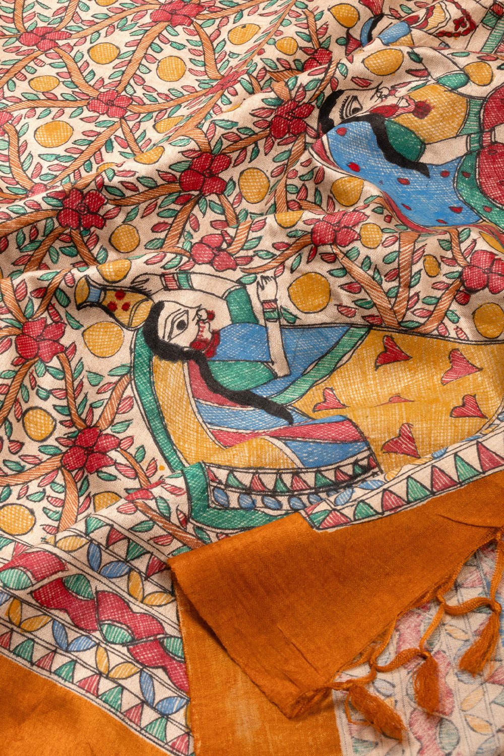 Yellow Hand Painted Madhubani Tussar Silk Saree 10072734