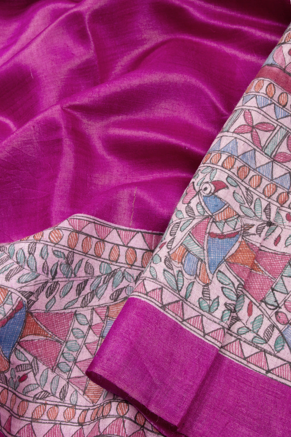 Pink Hand Painted Madhubani Tissue Silk Saree 10072735