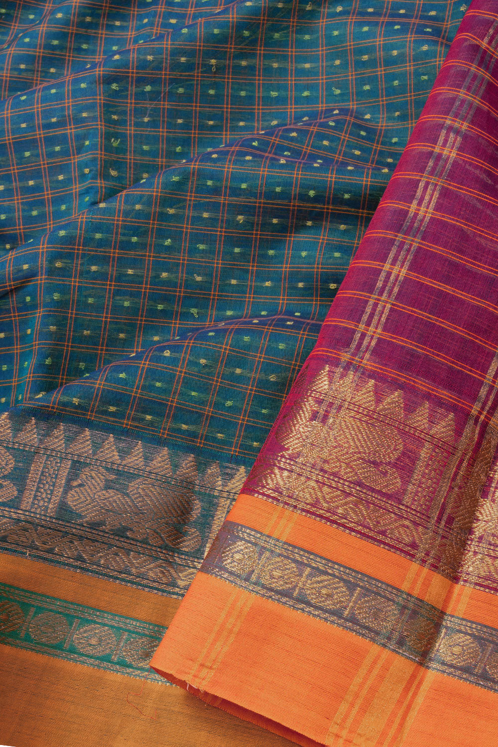 Peacock Blue Thousand Buttas Chettinad Cotton Saree 10073625