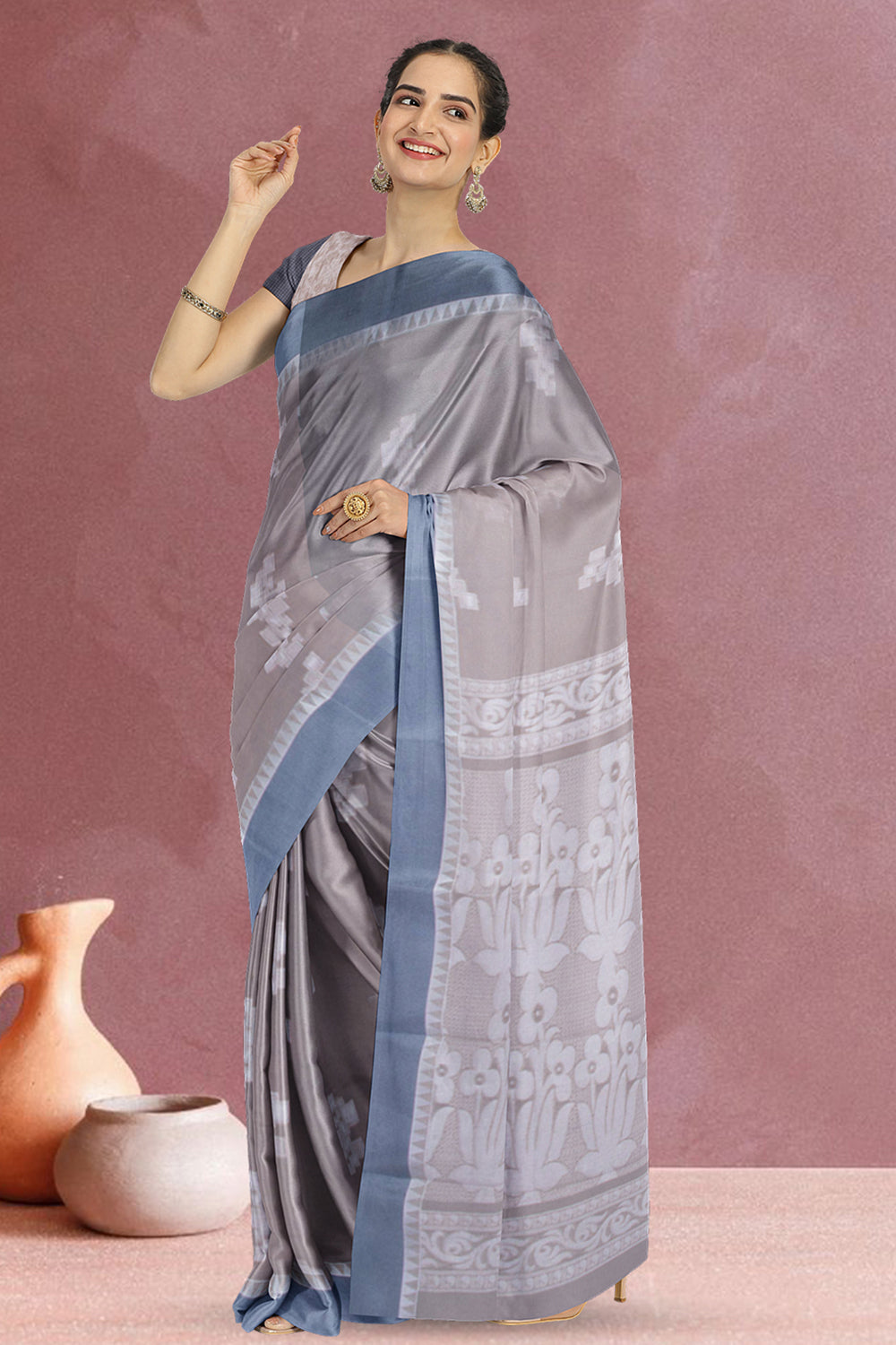 Grey South Tissue Silk Cotton Saree 10073590