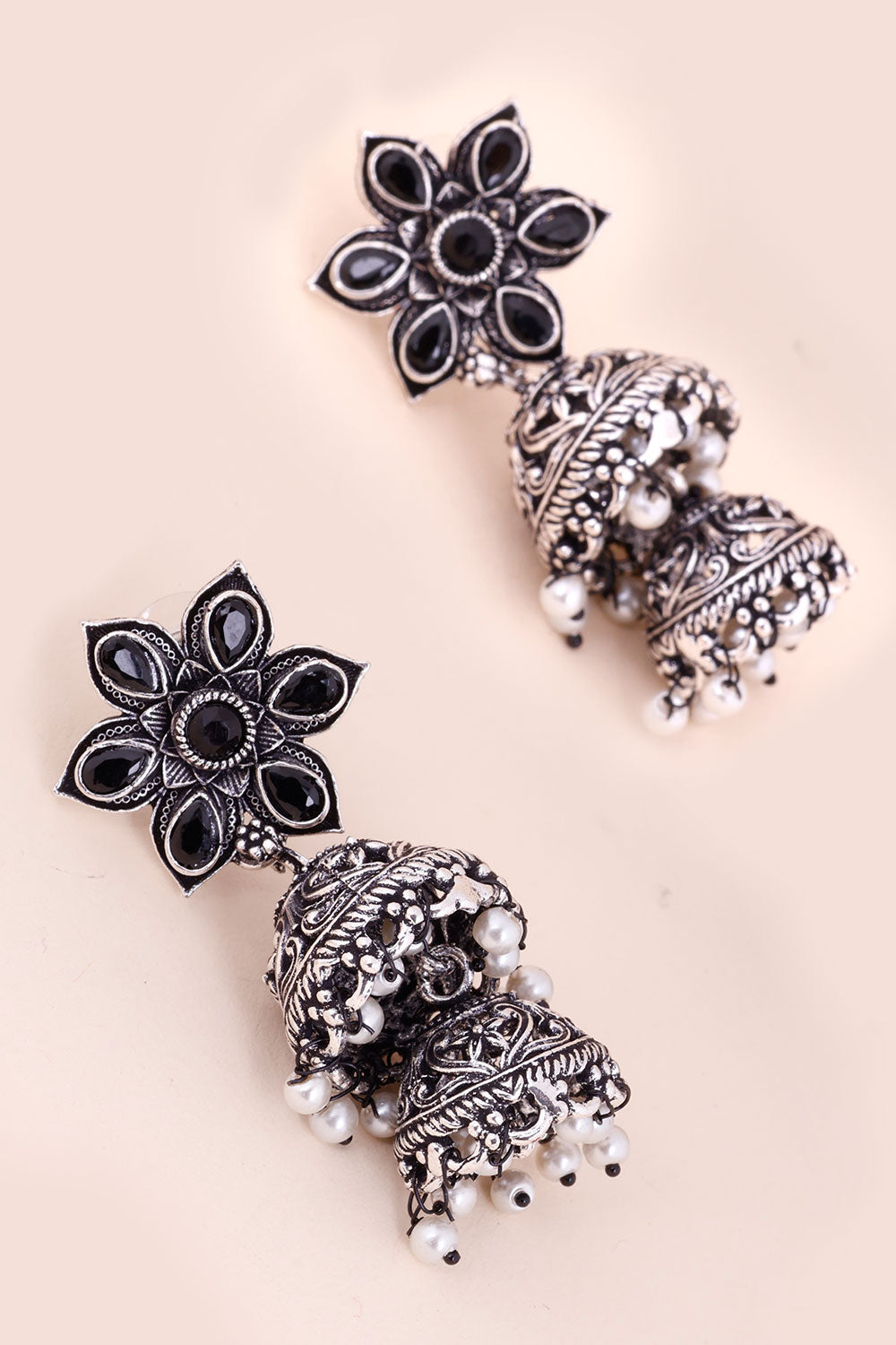 Oxidised Double Jhumka With Floral Motif