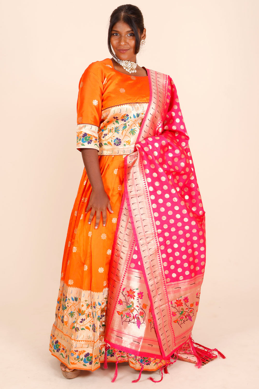 Orange Handcrafted Paithani Lehenga-Avishya