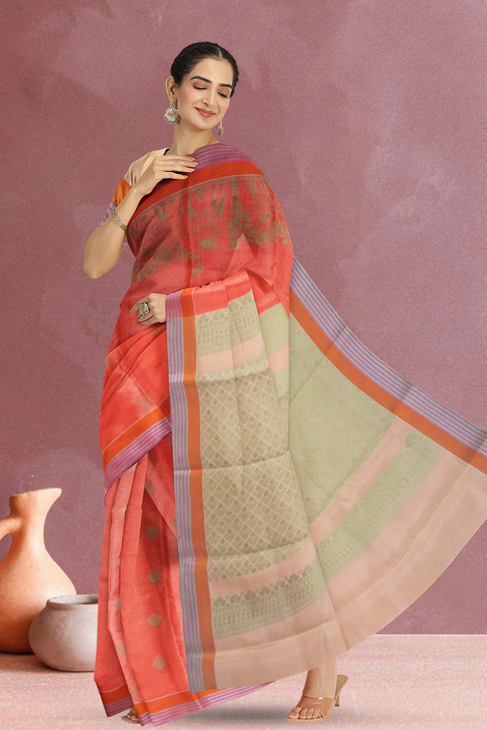 Peach South Tissue Silk Cotton Saree 10073576