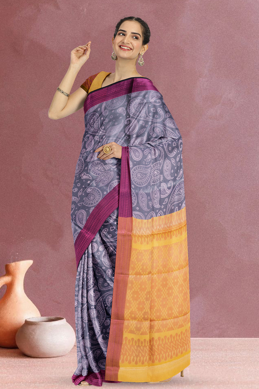 Grey South Tissue Silk Cotton Saree 10073579