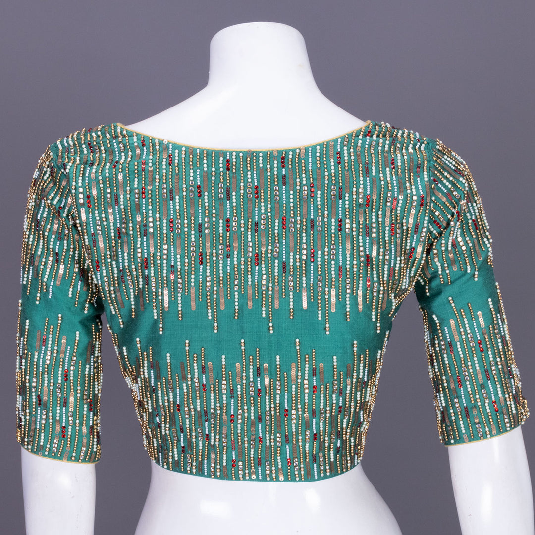 Teal Green Aari Embroidered Tussar Silk Blouse