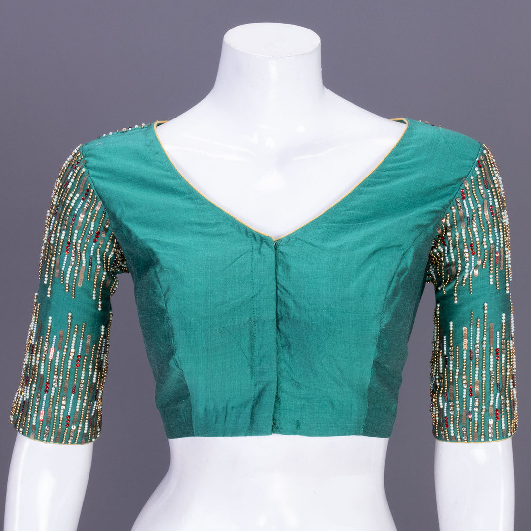 Teal Green Aari Embroidered Tussar Silk Blouse