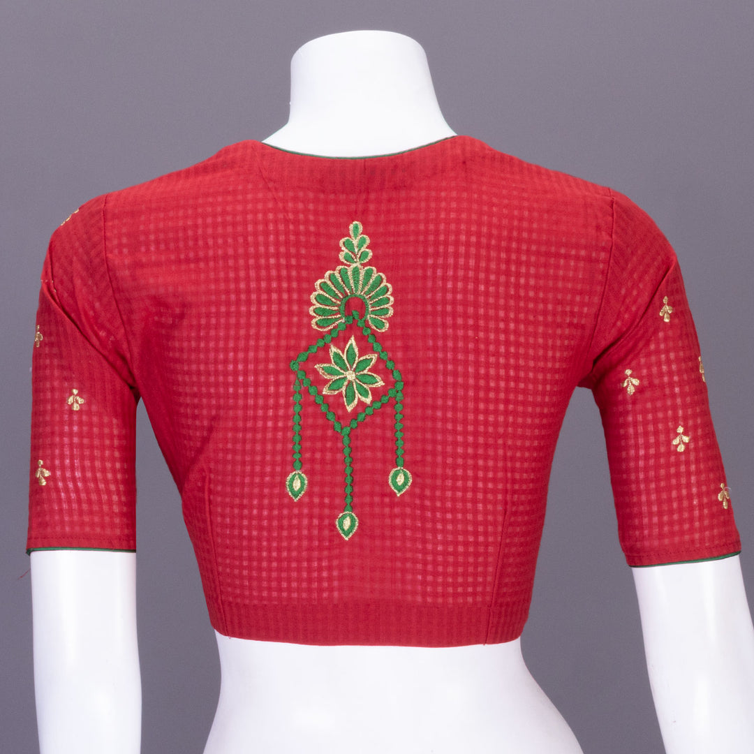 Red Slub Cotton Embroidered Blouse