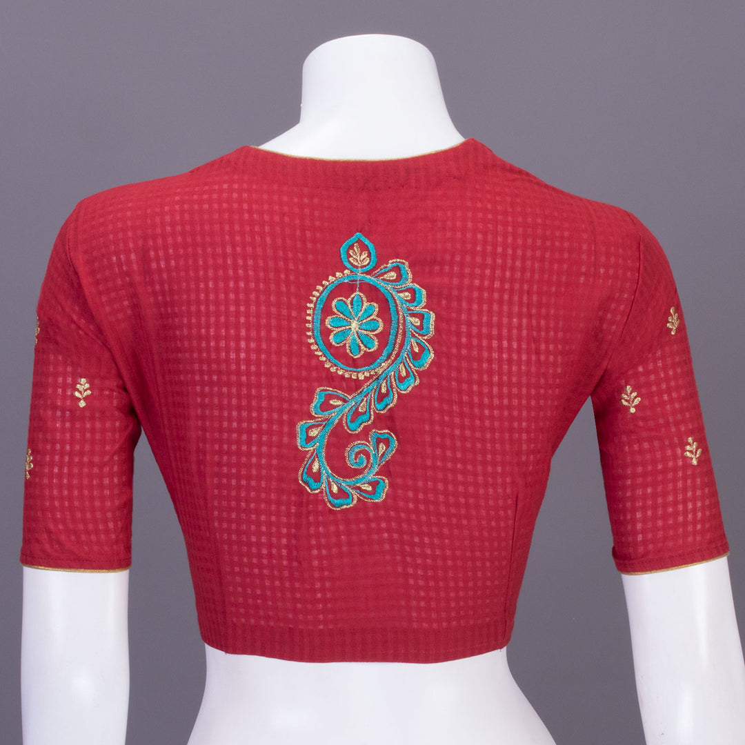 Red Slub Cotton Embroidered Blouse 10070759