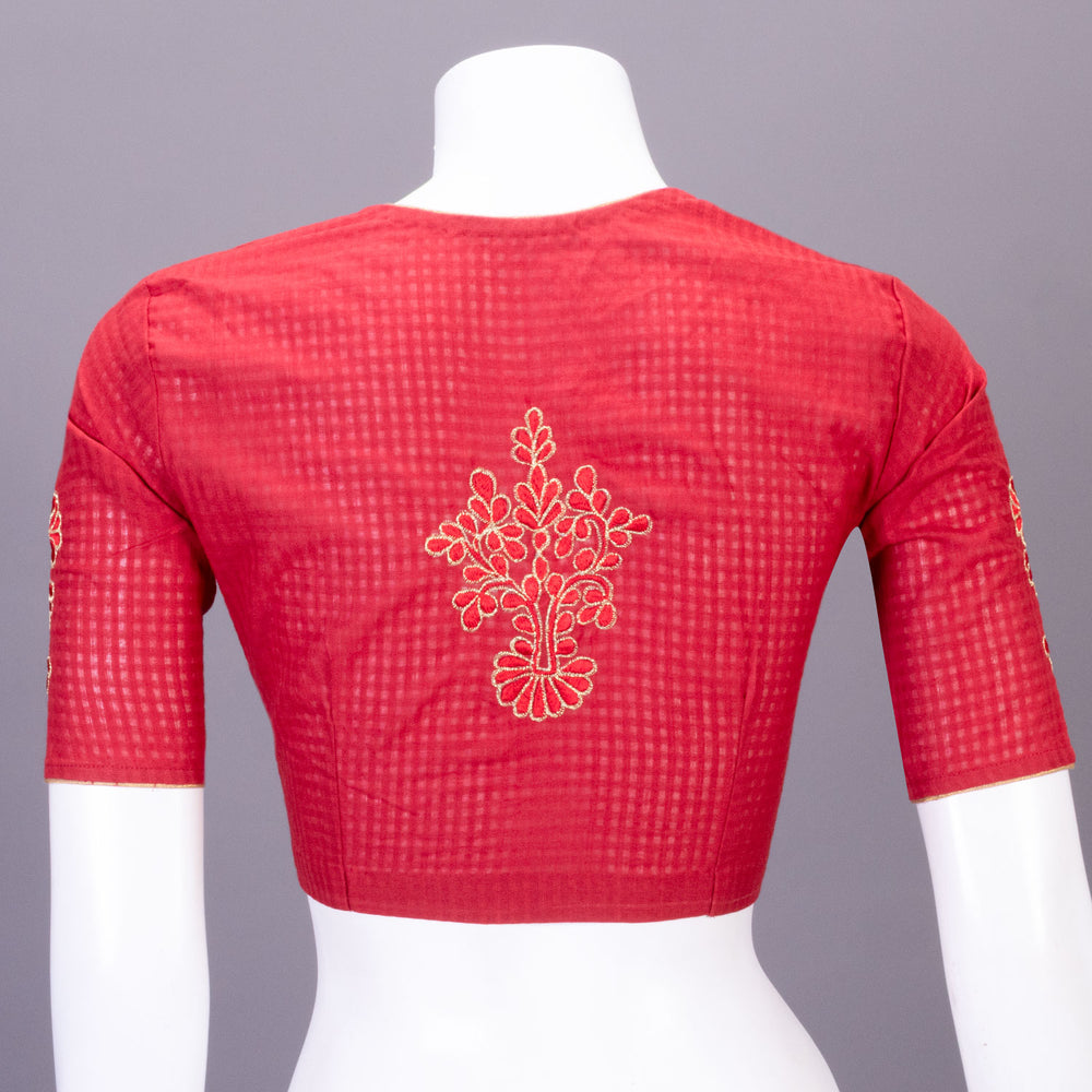 Red Slub Cotton Embroidered Blouse