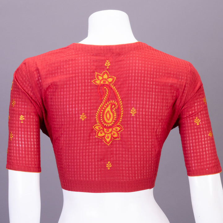 Red Slub Cotton Embroidered Blouse