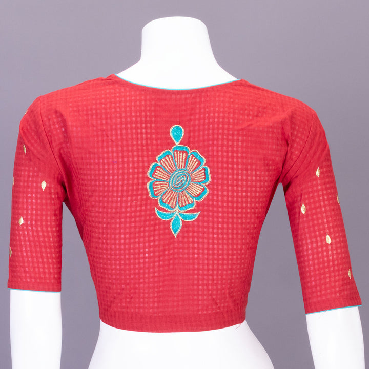 Red Slub Cotton Embroidered Blouse