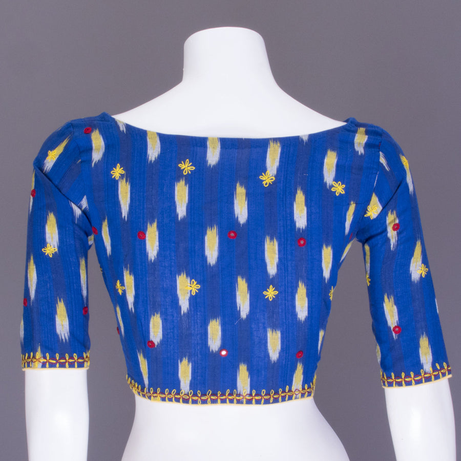 Azure Blue Mirror Work Embroidered Ikat Cotton Blouse 10070832