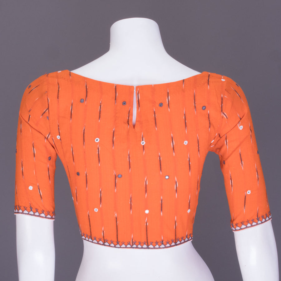 Orange Mirror Work Embroidered Ikat Cotton Blouse 10070835