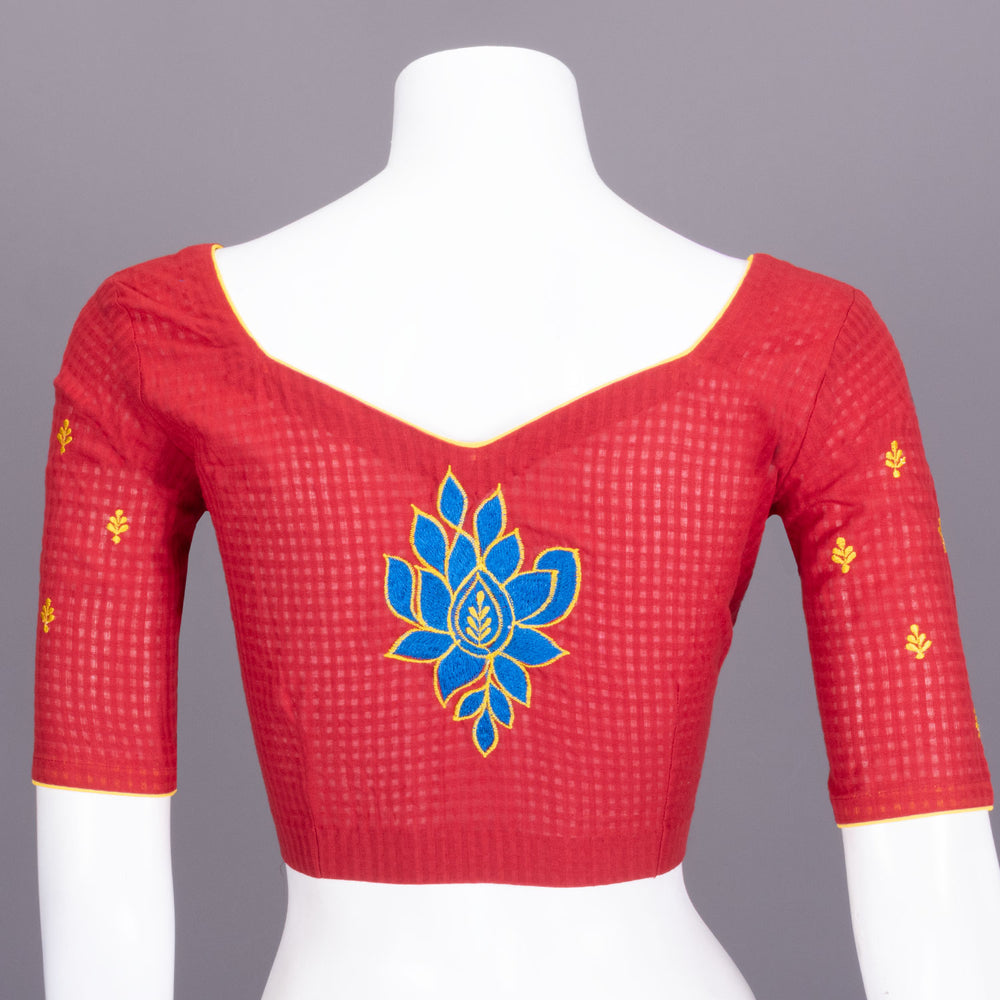 Red Slub Cotton Embroidered Blouse 