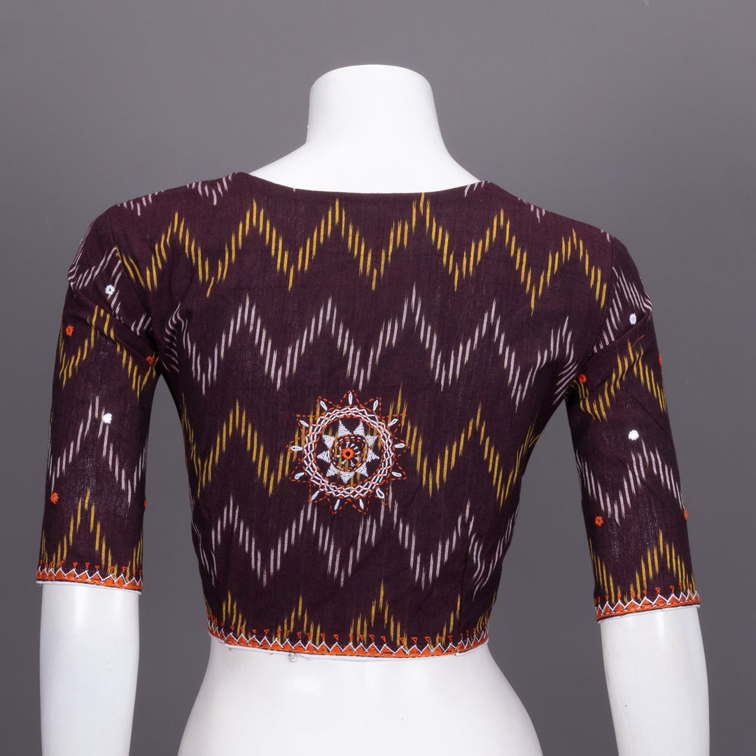 Brown Ikat Mirror Work Embroidered Cotton Blouse 10072474