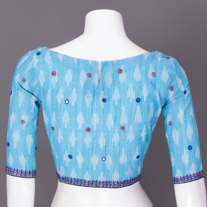 Blue Mirror Work Pochampally Ikat Cotton Blouse 10073396