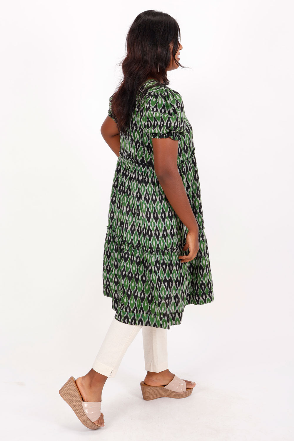 Green Handcrafted Ikat Cotton Dress