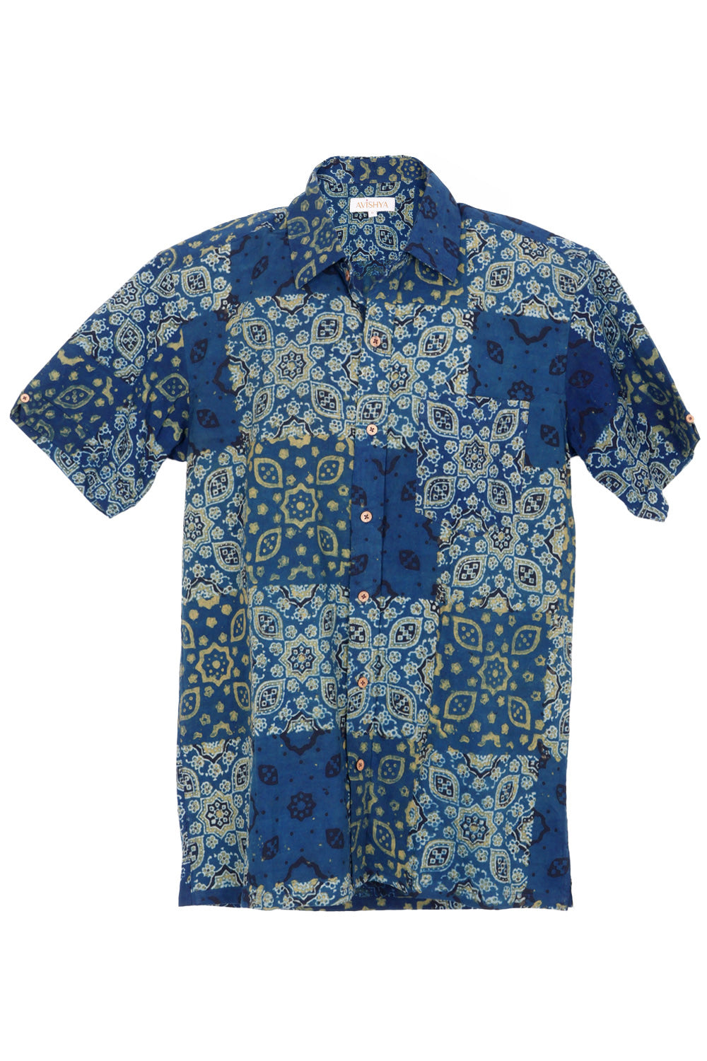 Blue Half Sleeve Ajrakh Printed Cotton Mens Shirt 10072713