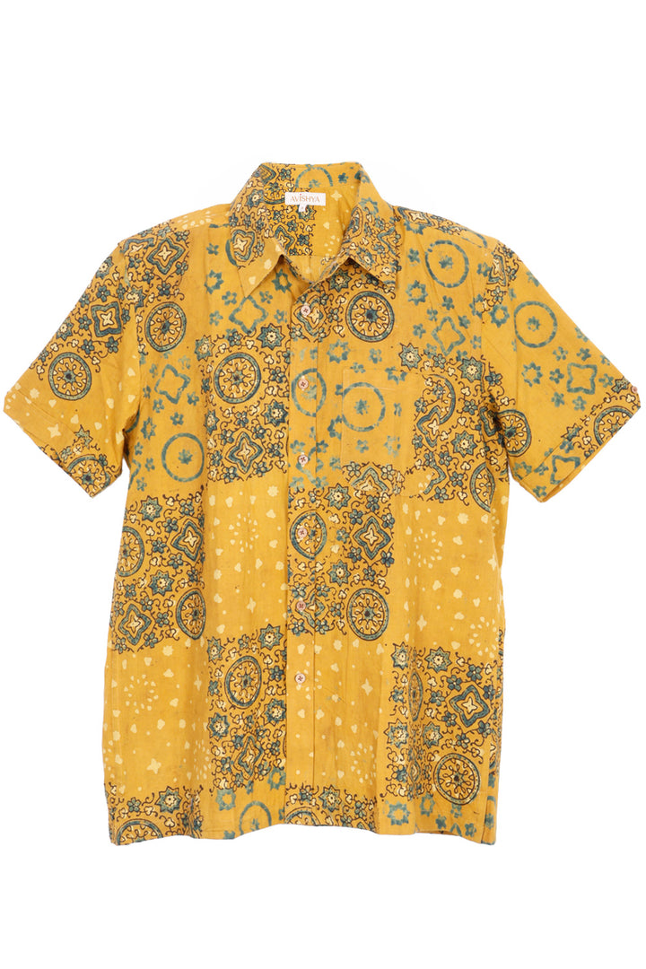 Yellow Half Sleeve Ajrakh Printed Cotton Mens Shirt 10072716