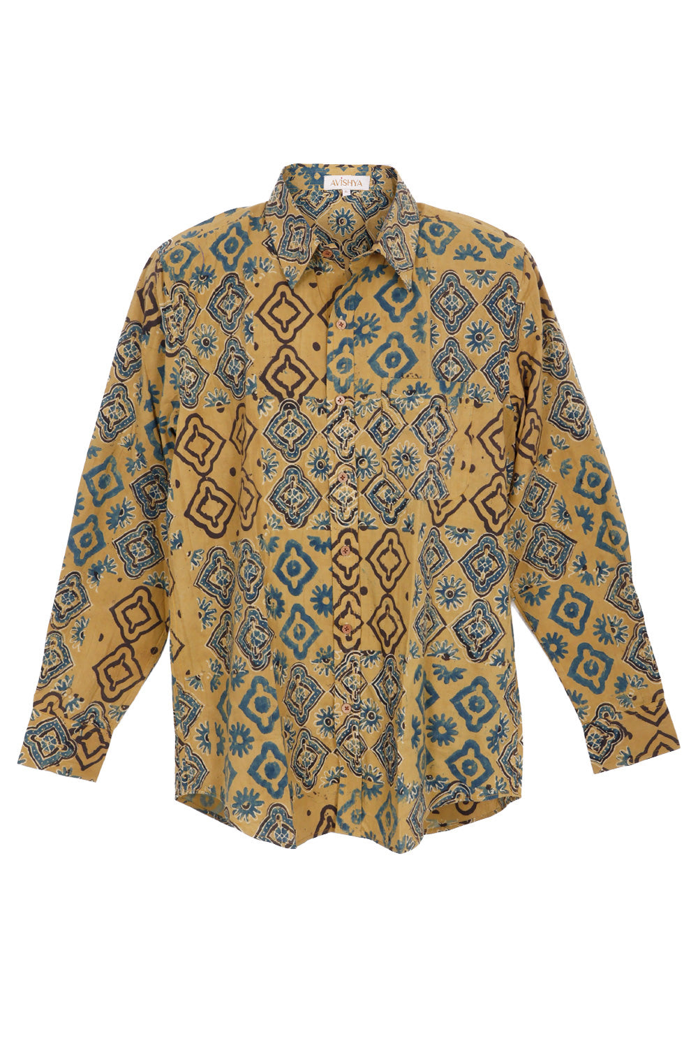 Yellow Full Sleeve Ajrakh Printed Cotton Mens Shirt 10072911