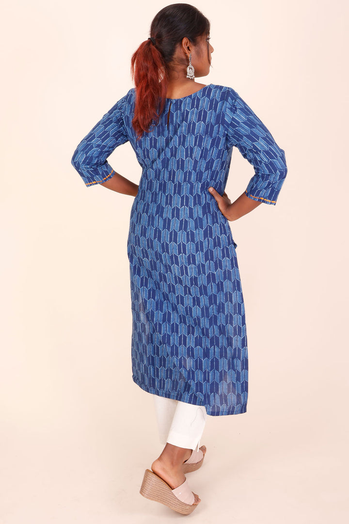 Indigo Dyed & Embroidered Dabu Printed Cotton Kurta 10068998 - Avishya