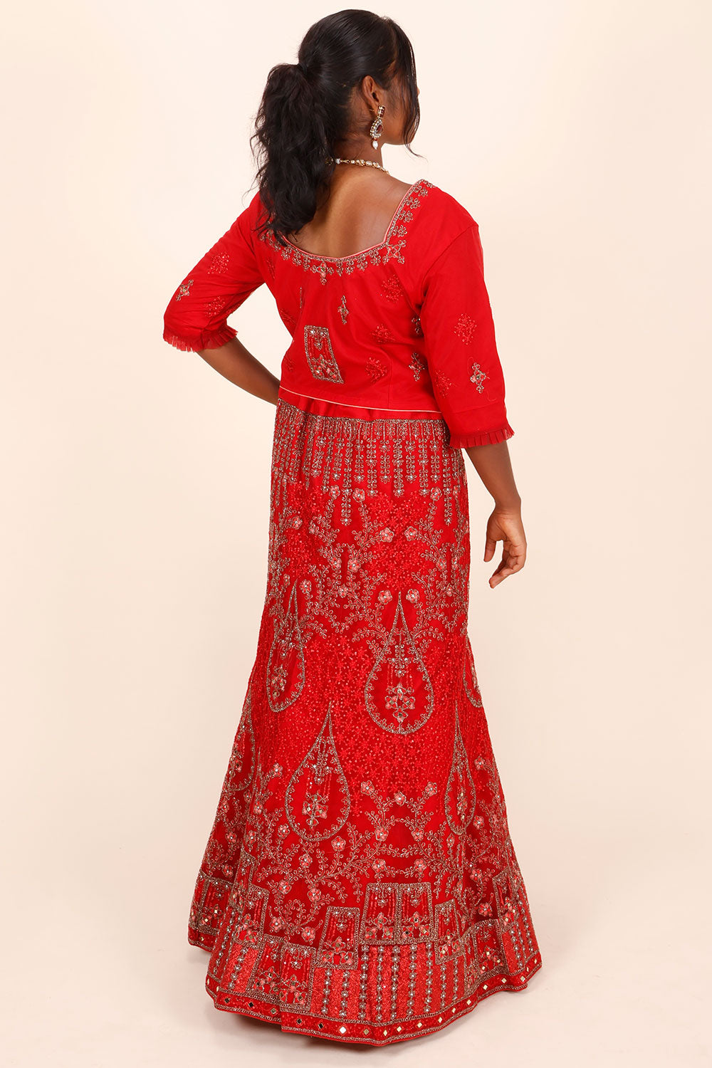 Red Net Silk Embroidered Lehenga