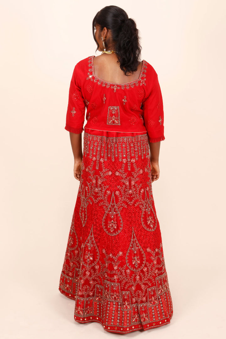 Red Net Silk Embroidered Lehenga