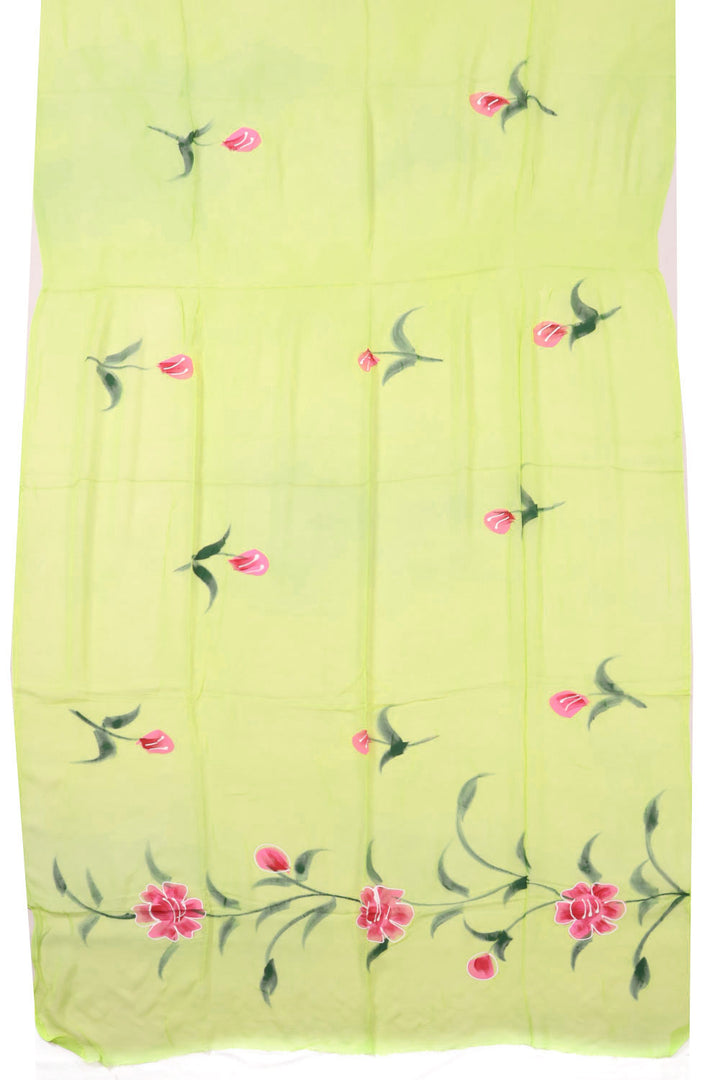 Green Hand Painted Cotton 3 Piece Salwar Suit Material With Chiffon Dupatta 10072972