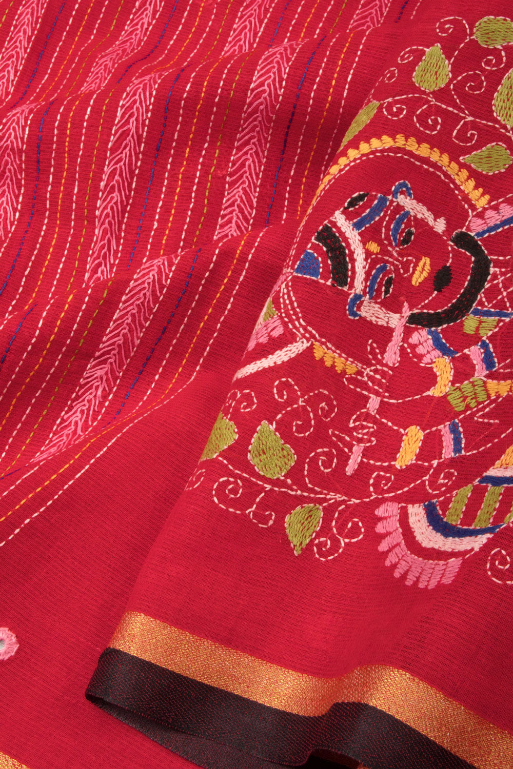 Red Kantha Embroidered Cotton Saree - Avishya