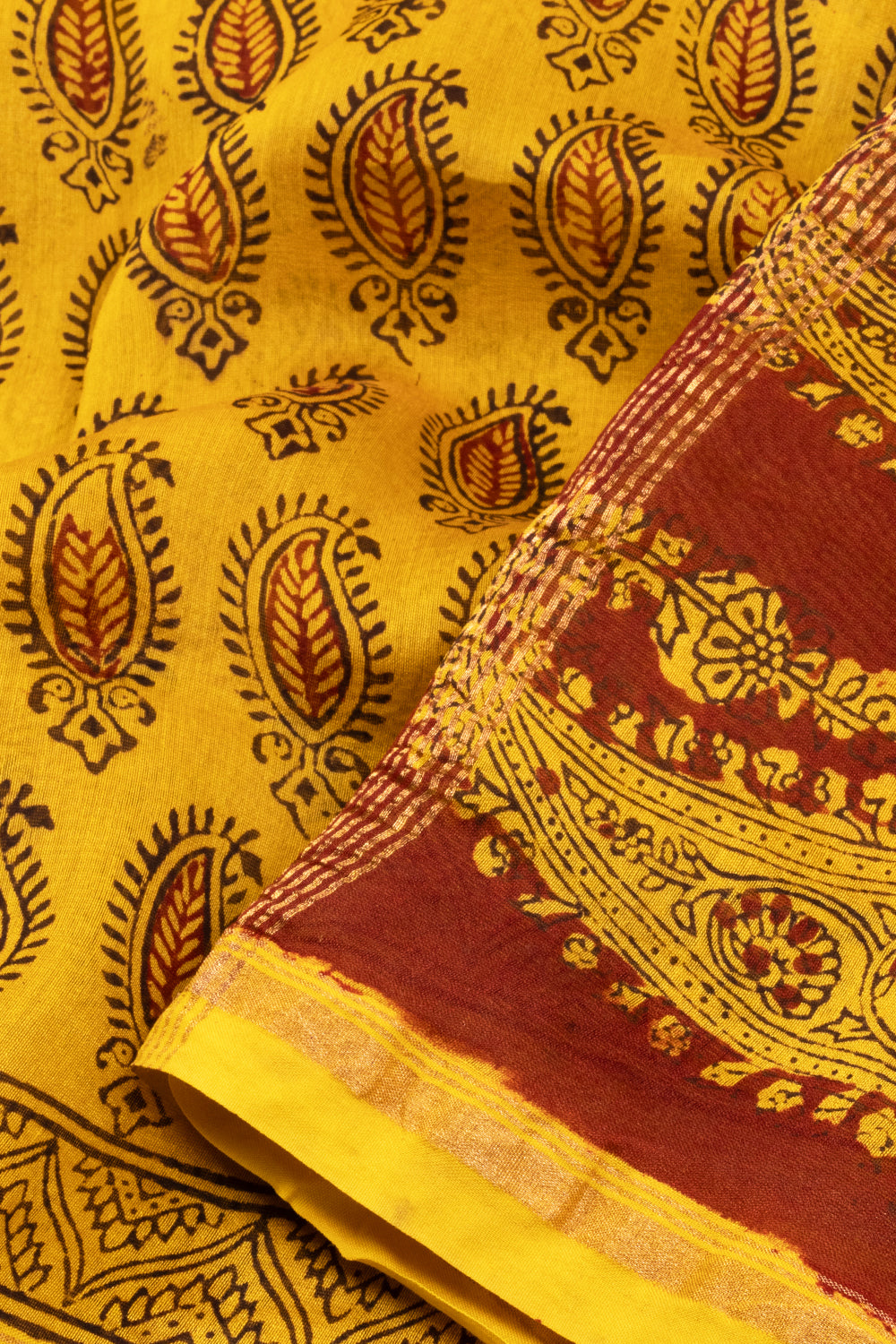 Canary Yellow Bagh Printed Silk Cotton Saree 10071014