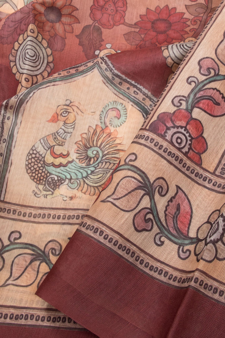 Cream Kalamkari Print Malai Cotton Saree