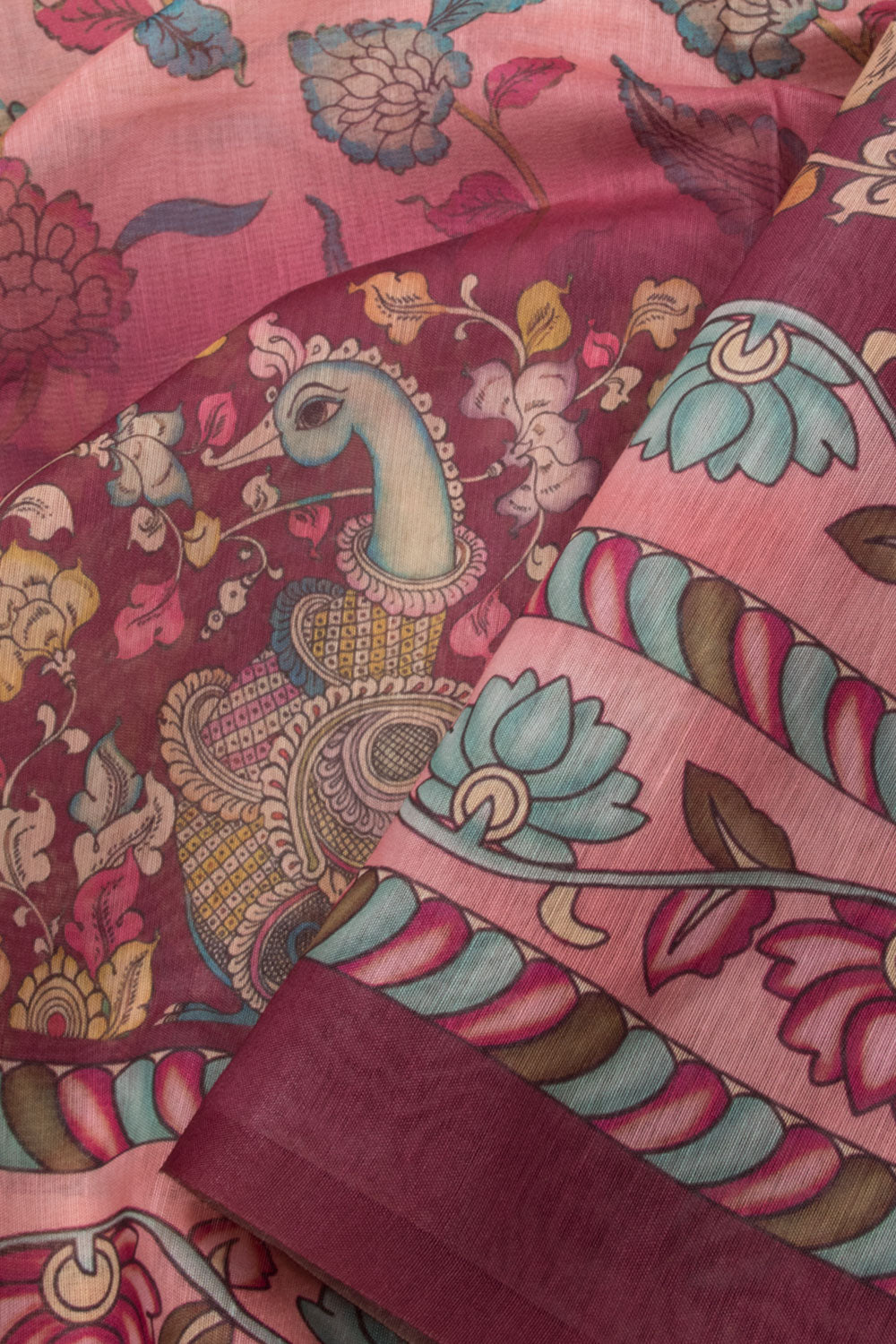 Pastel Pink Kalamkari Print Malai Cotton Saree