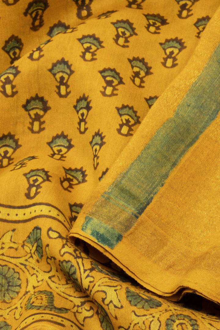 Yellow Ajrakh Printed Silk Cotton Saree