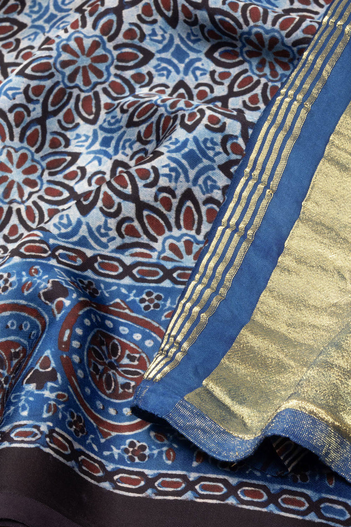 Blue Ajrakh Printed Modal Silk Saree