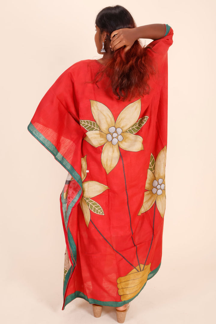 Red Khadi Handpainted Tussar Silk Kaftan 10070461