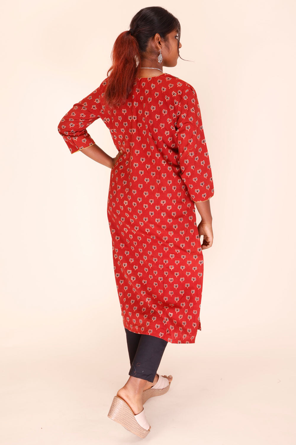 Red Ajrakh Printed Cotton Kurta 10067398