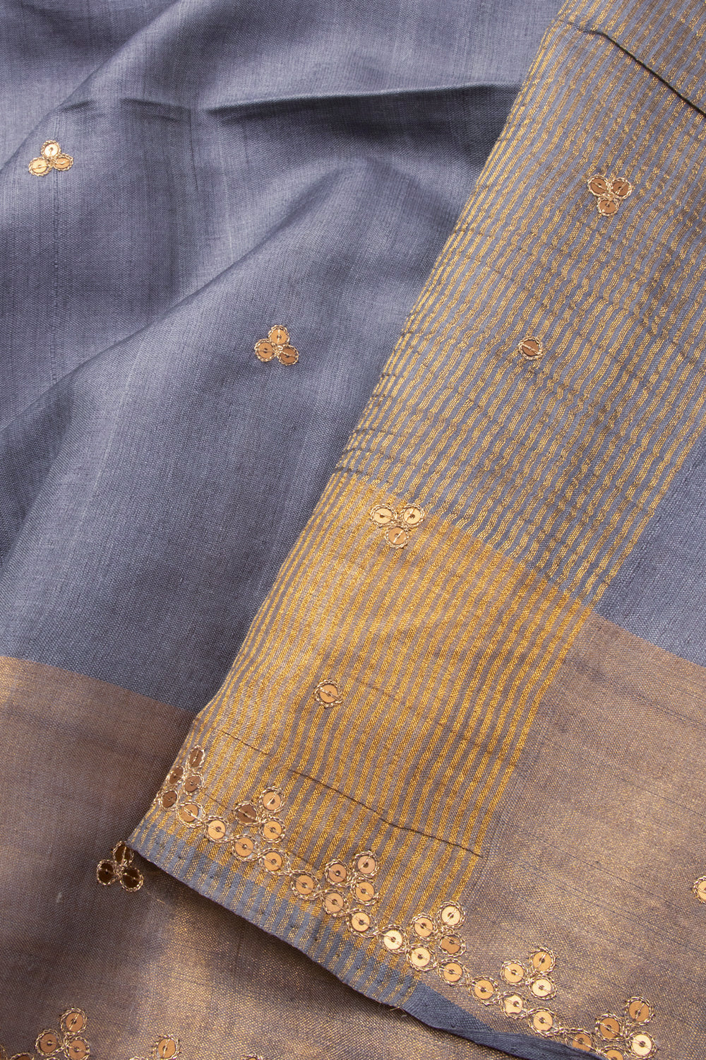 Grey Tussar Silk Saree With sequins kangri and 3 dot Butti 10073090