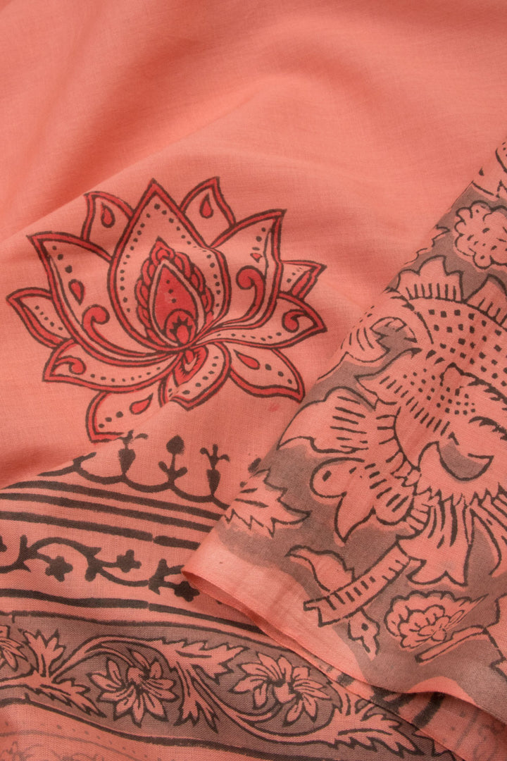 Pink Hand Block Printed Mulmul Cotton Saree - Avishya