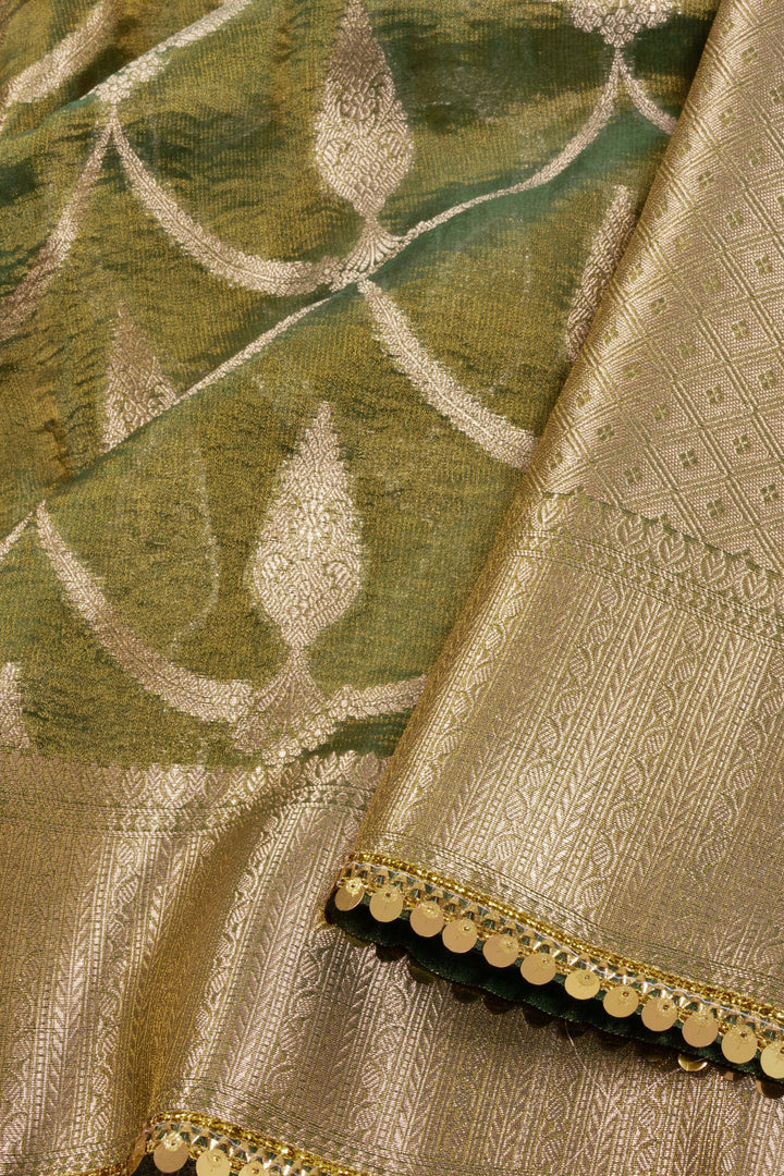 Green Banarasi Tissue Organza Saree With Sequin Border