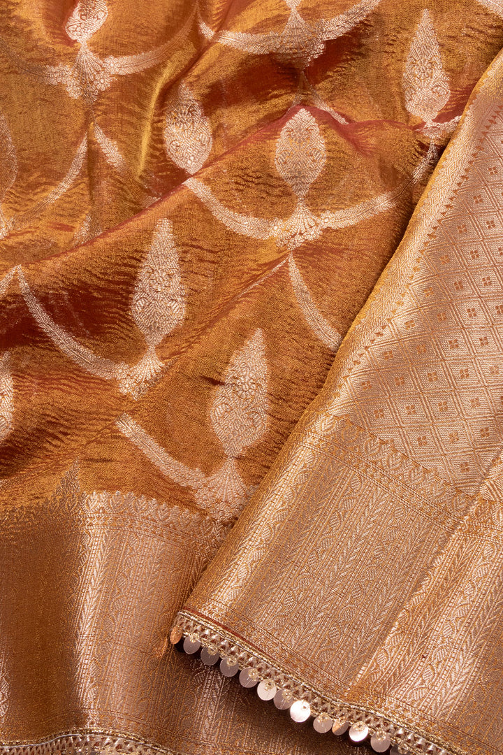 Brown Banarasi Tissue Organza Saree With Sequin Border