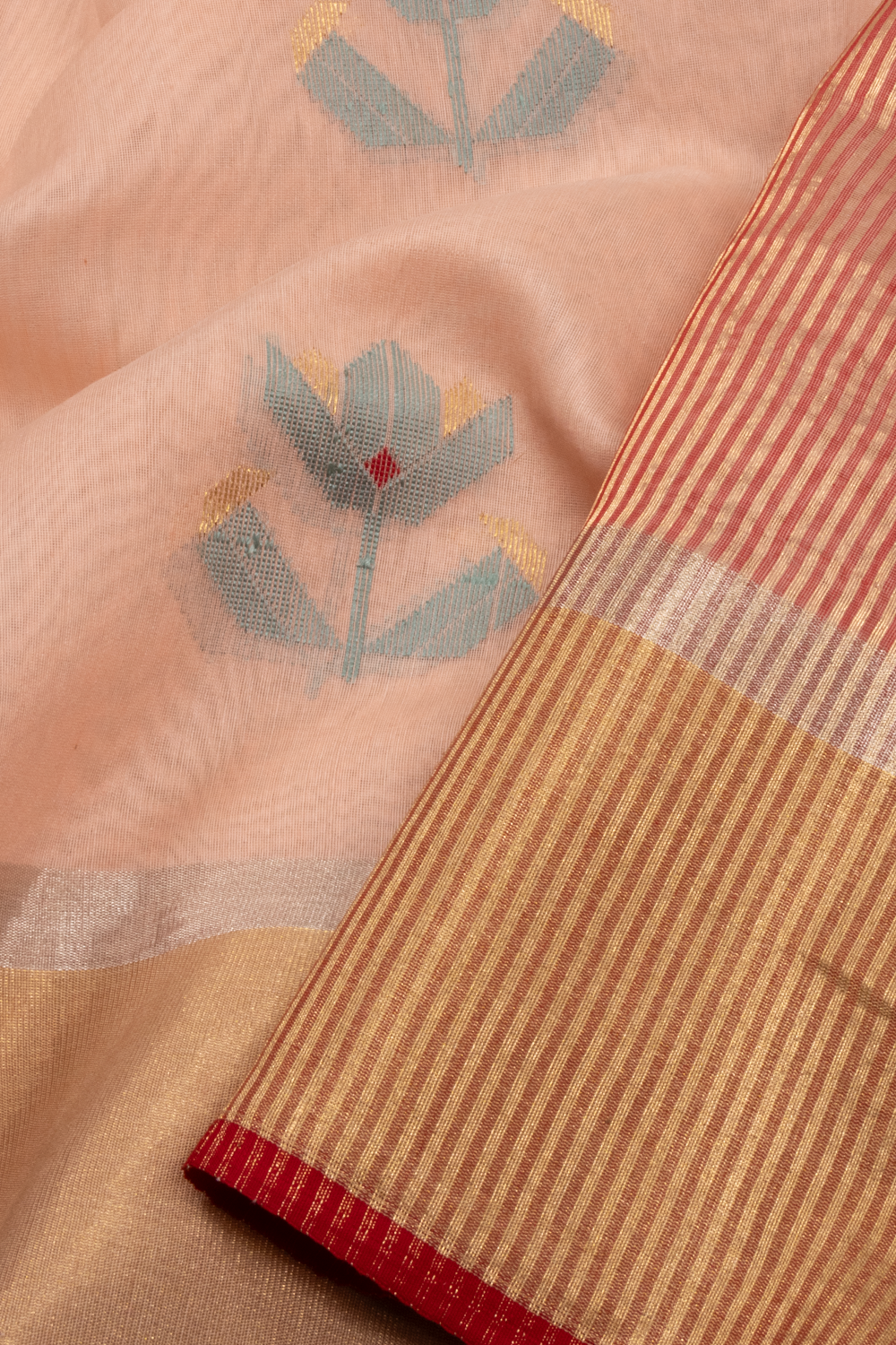 Peach Handloom Printed Chanderi Silk Cotton Saree