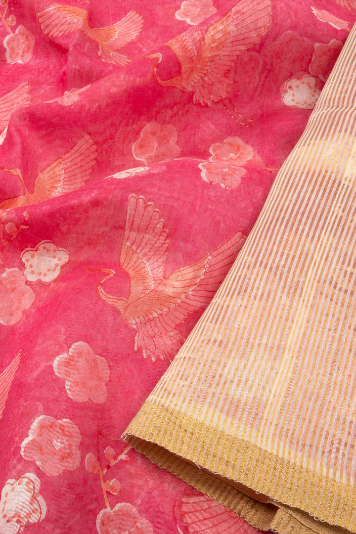 Pink Handloom Printed Chanderi Silk Cotton Saree