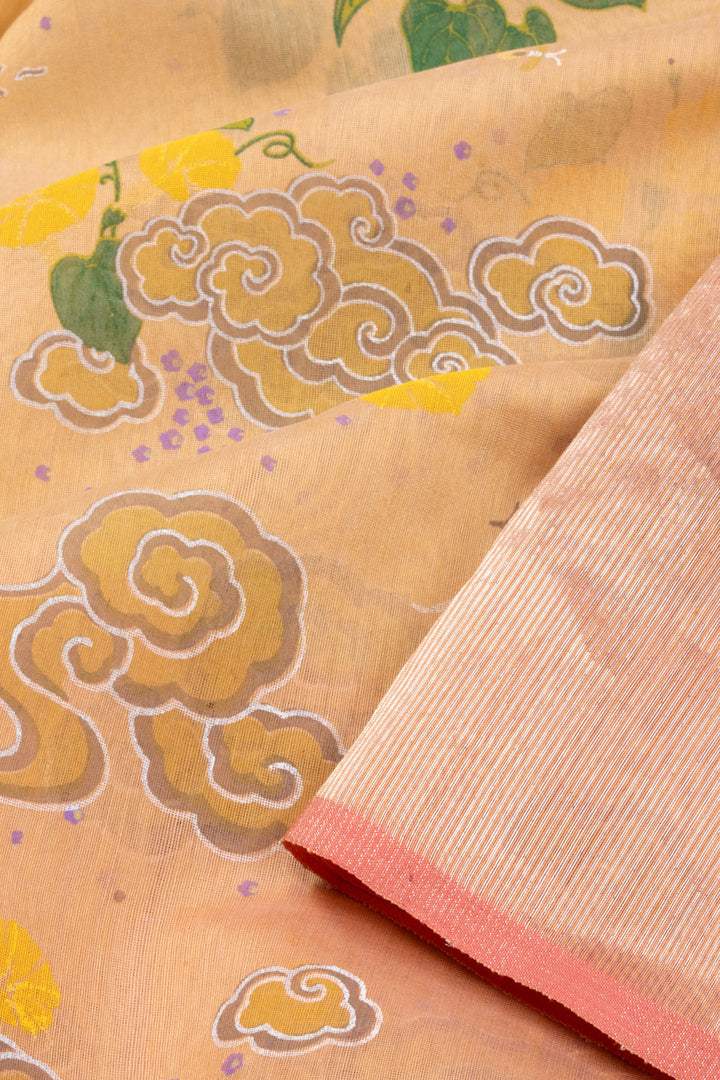 Peach Handloom Printed Chanderi Silk Cotton Saree