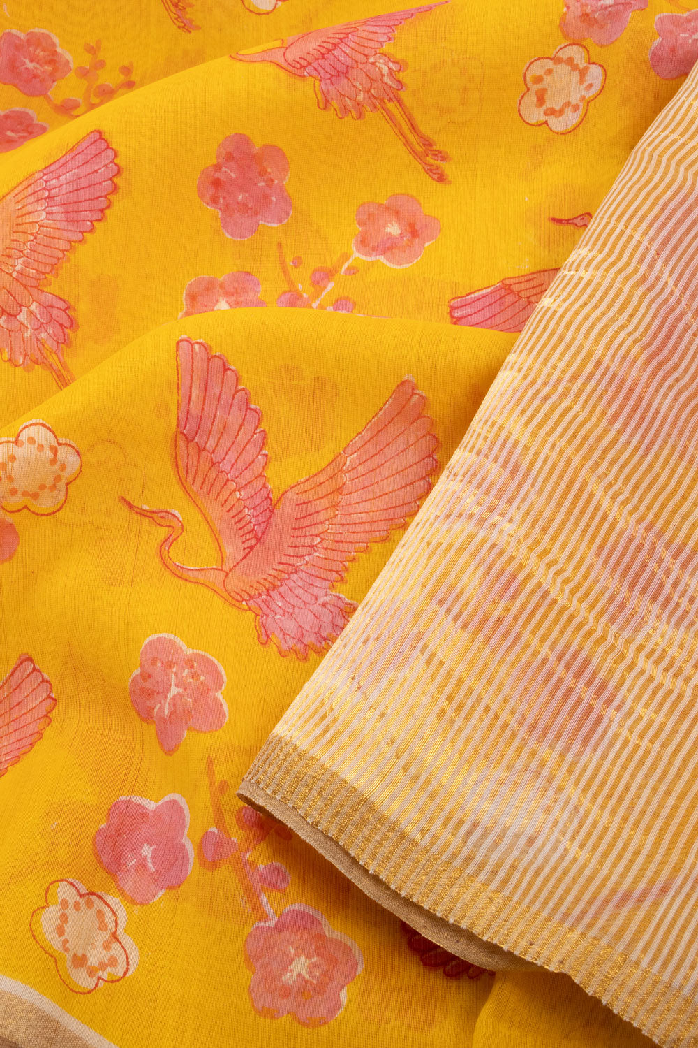 Yellow Handloom Printed Chanderi Silk Cotton Saree