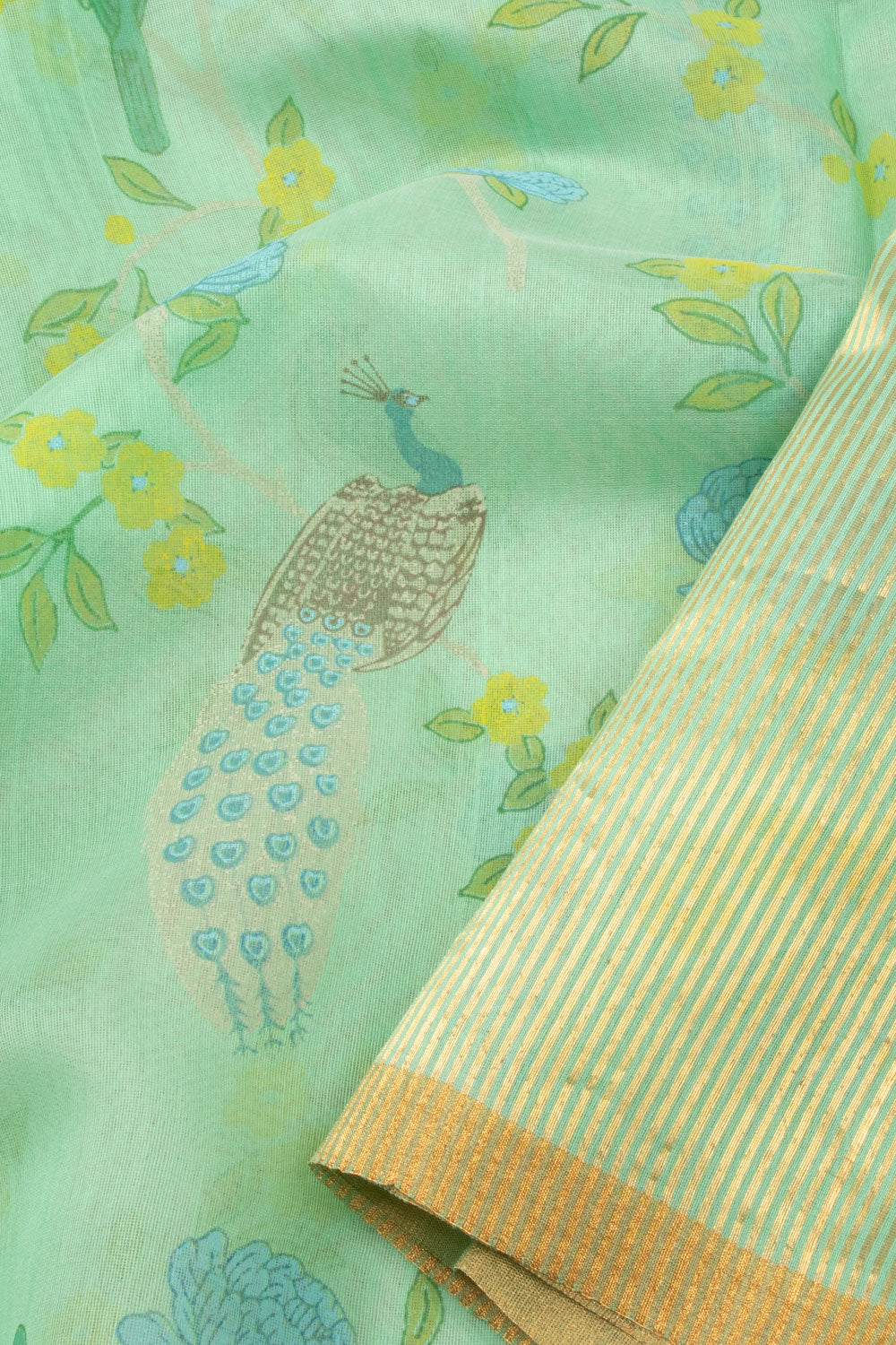 Blue Handloom Printed Chanderi Silk Cotton Saree