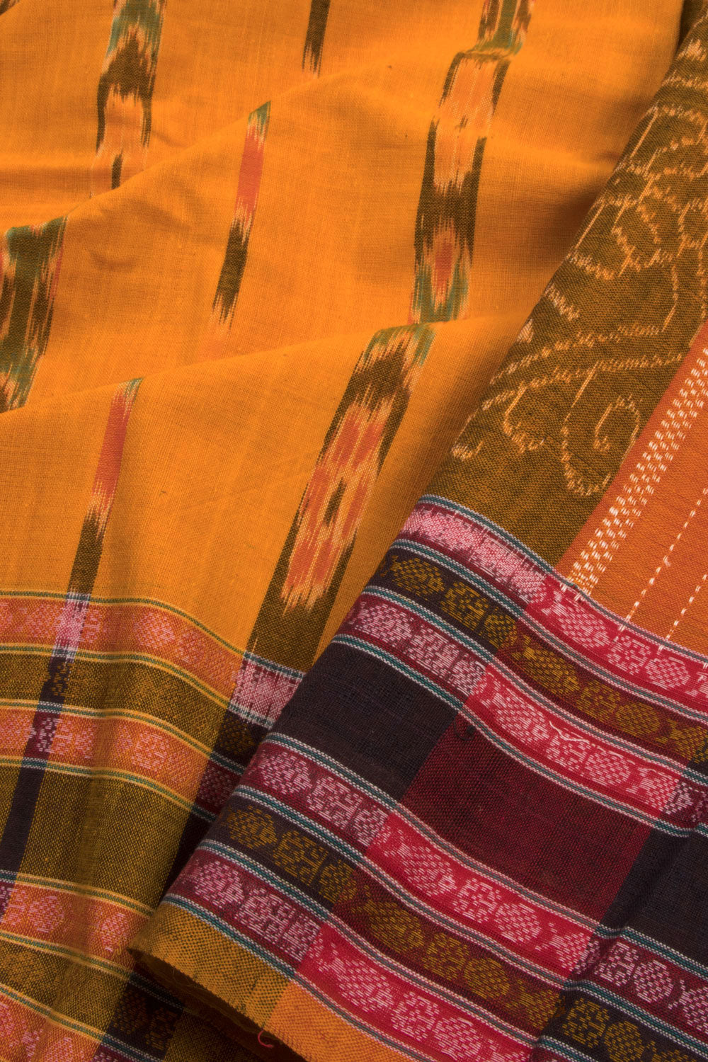 Sunset Yellow Handloom Maniabandha Ikat Cotton Saree