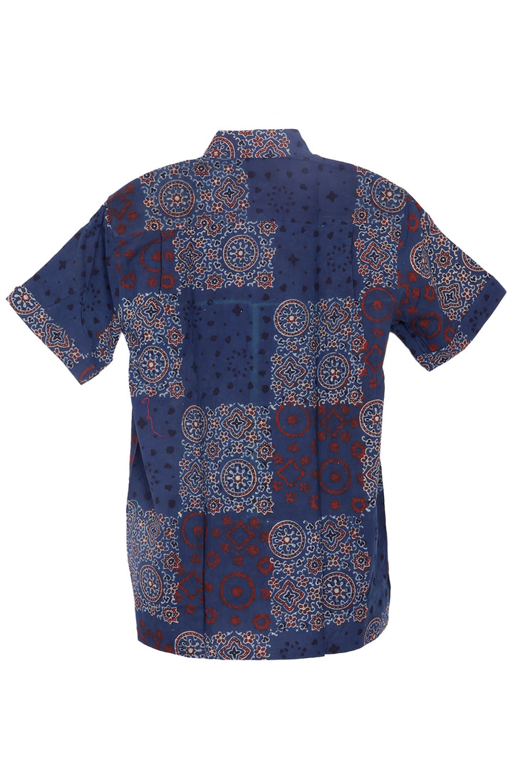 Blue Half Sleeve Ajrakh Printed Cotton Mens Shirt 10073050