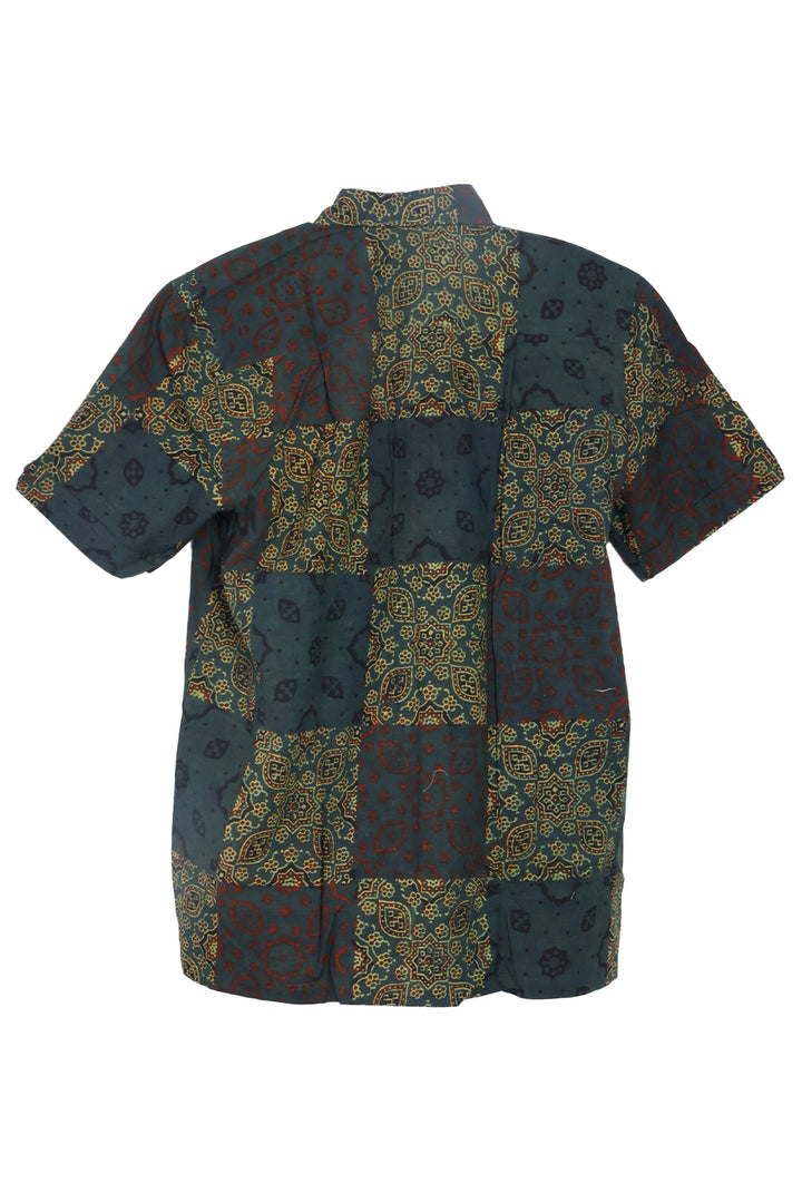 Green Half Sleeve Ajrakh Printed Cotton Mens Shirt 10073054